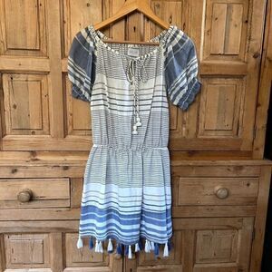 Saylor‎ Size XS Cotton Striped Dress Drop Waist Nautical Tassles Puff Sleeves